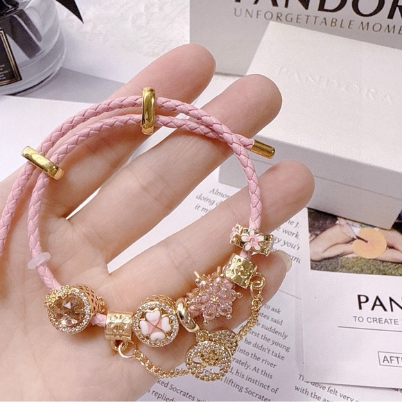 Pandora Pink Leather Bracelet with Gold Charms - Picture 5 of 6